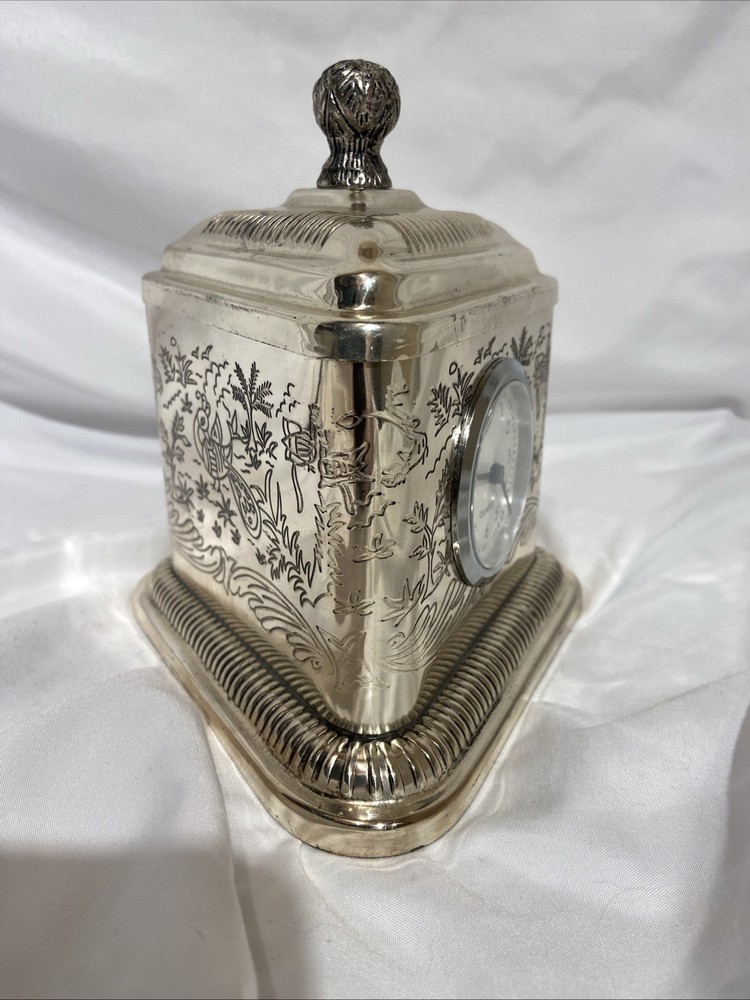 Silver Tea Tin With Quartz Clock Peacocks Palm Trees