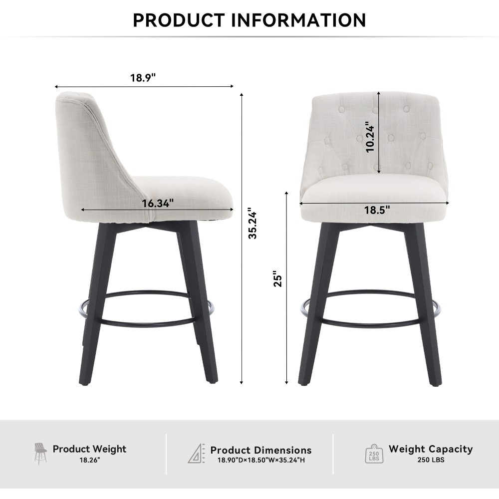 Modern Swivel Bar Stools Set of 2 – Tufted Back & Solid Wood Frame