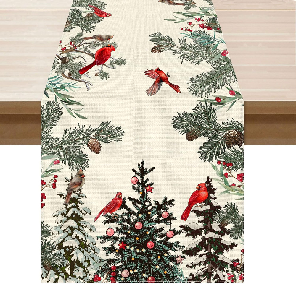 Cardinal Birds Winter Pine Tree Christmas Xmas Table Runner Table Decoration for