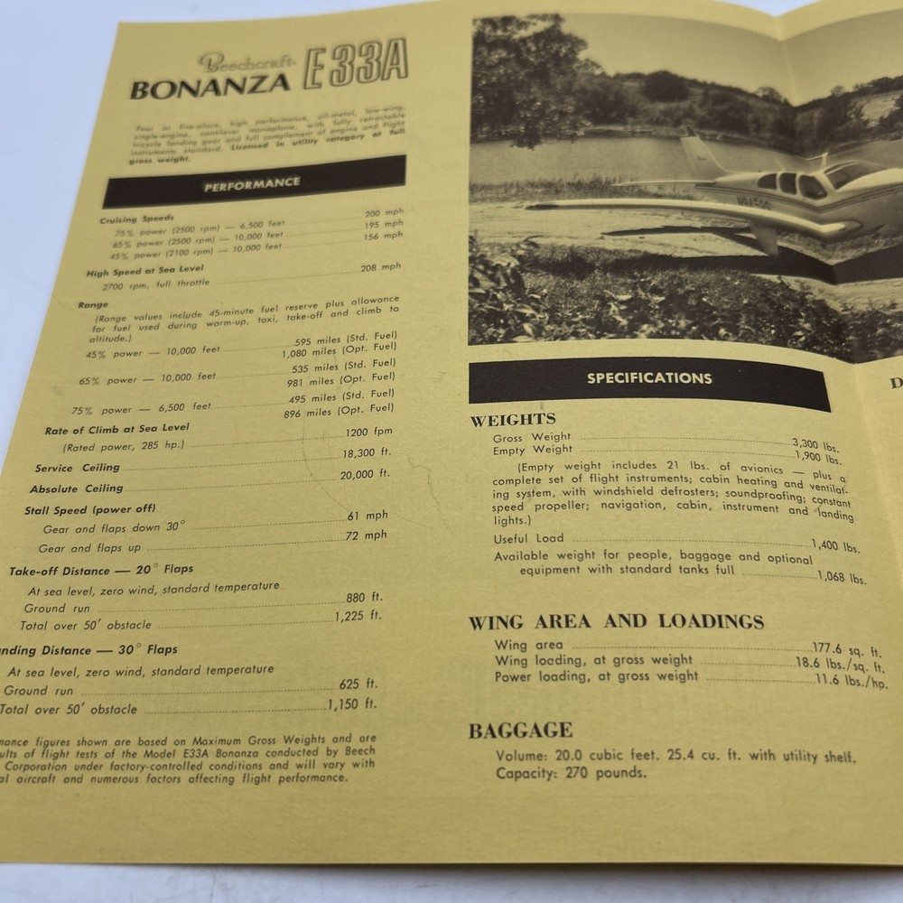 1967 BEECHCRAFT Bonanza E33A Advertising Fold Out Specifications