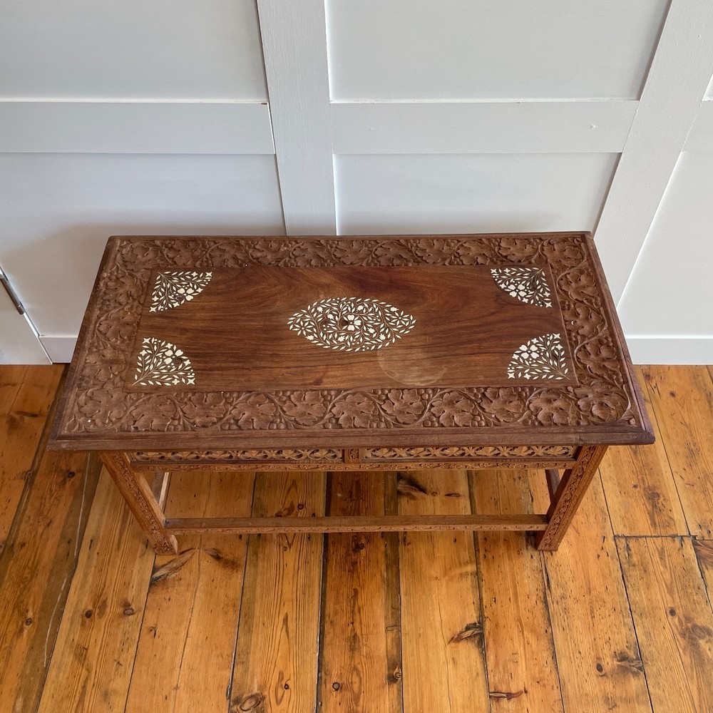 Indian Carved Folding Table Rectangular Coffee Table Inlaid Floral Pattern