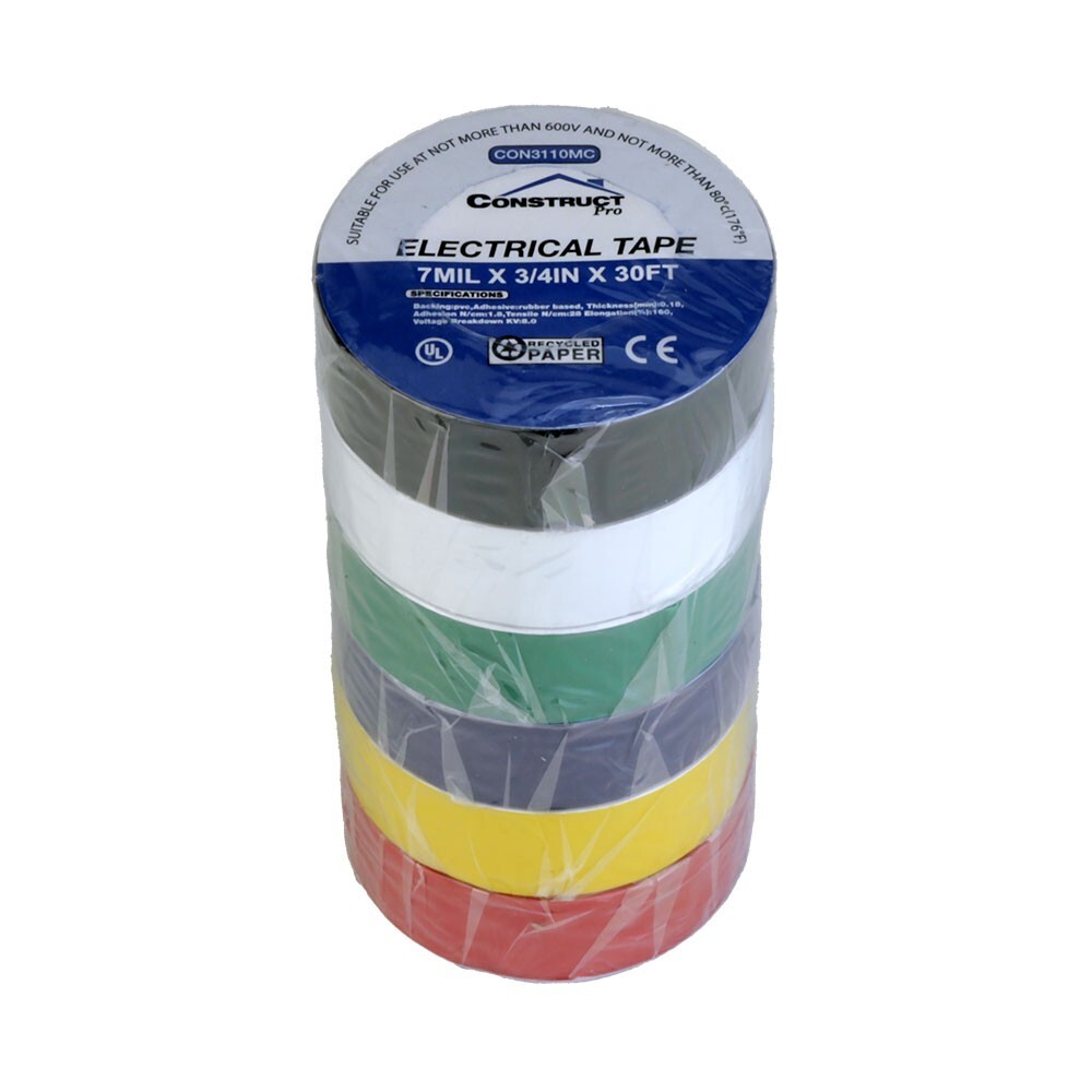 Construct Pro UL-Listed Electrical Tape (6-Pack, Multi-Color, 3/4" W x 30ft L)
