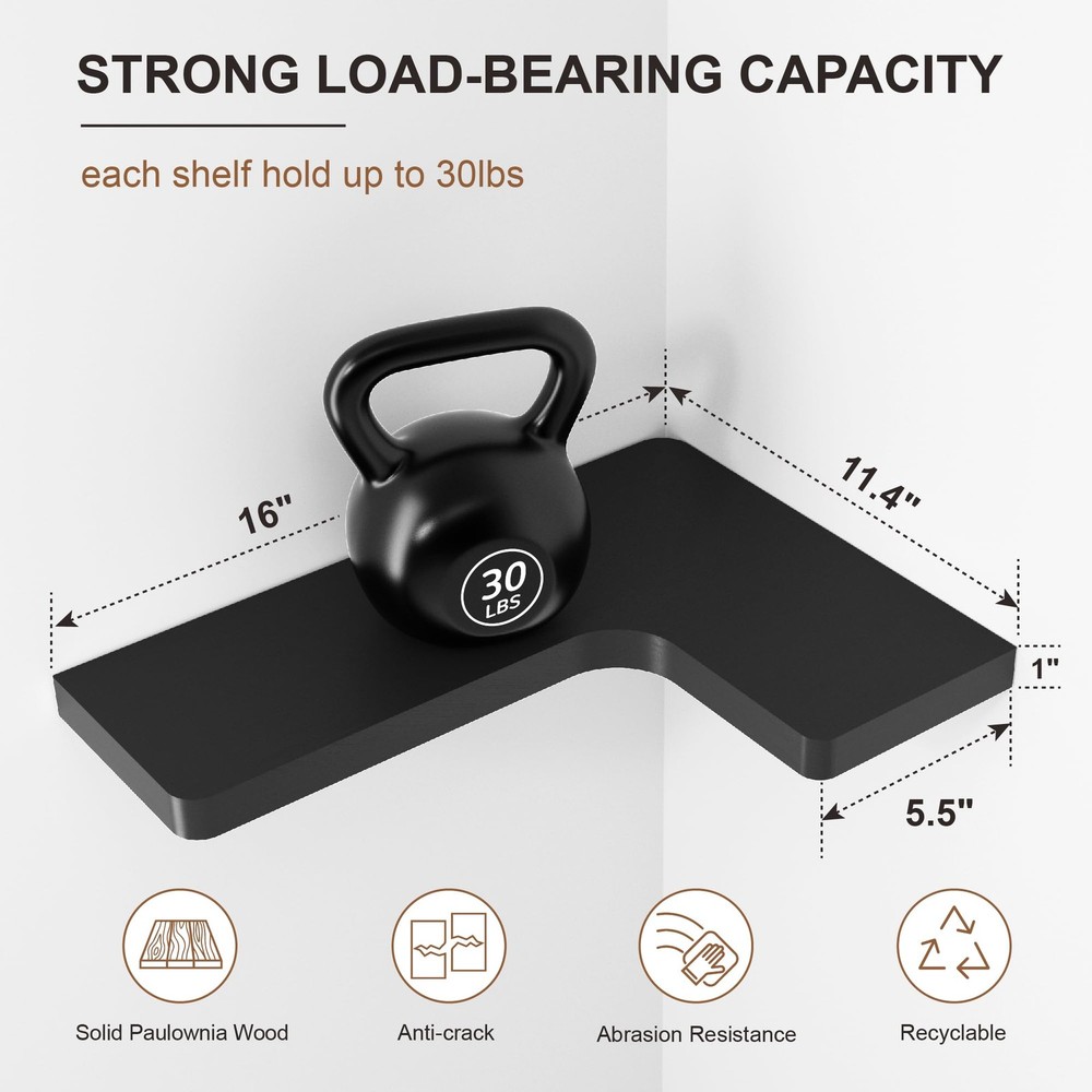Fuqing Corner Floating Shelves Set of 3 Solid Wood Wall Mount Storage Display