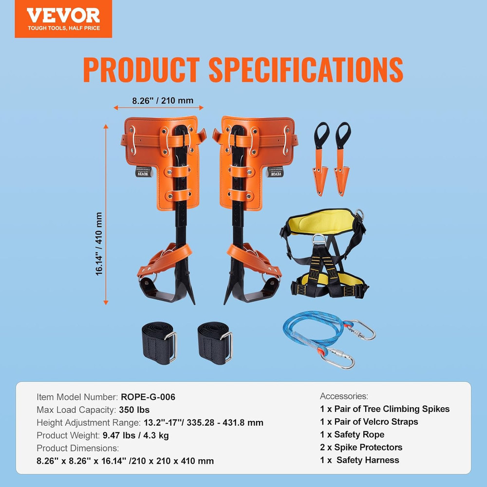 Tree Climbing Spikes Set, 1 Pair Height-Adjustable Climbing Spurs with Security