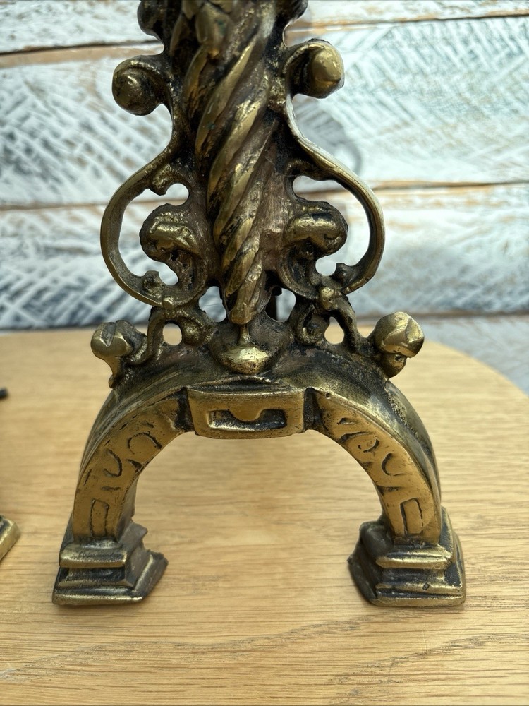 Brass Fire Dogs Antique Late Victorian / Edwardian Solid Brass 35cms Tall
