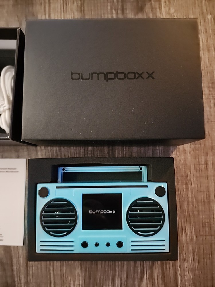BUMPBOXX Blue With Black Bluetooth Wireless Speaker Microboom W/Charger & Chain