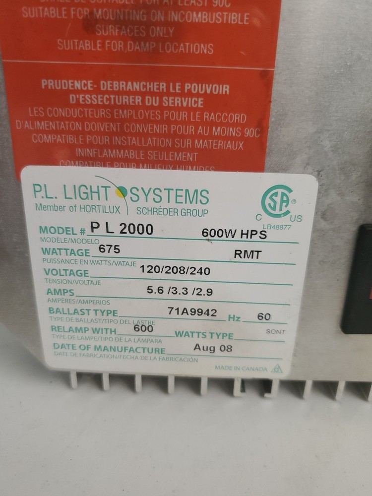 P.L. LIGHT SYSTEMS PL2000 600w HPS Grow Light Ballest