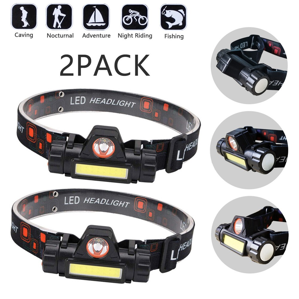 2 PACK LED COB Headlamp Waterproof USB Rechargeable Head Torch Headlight 2 Modes
