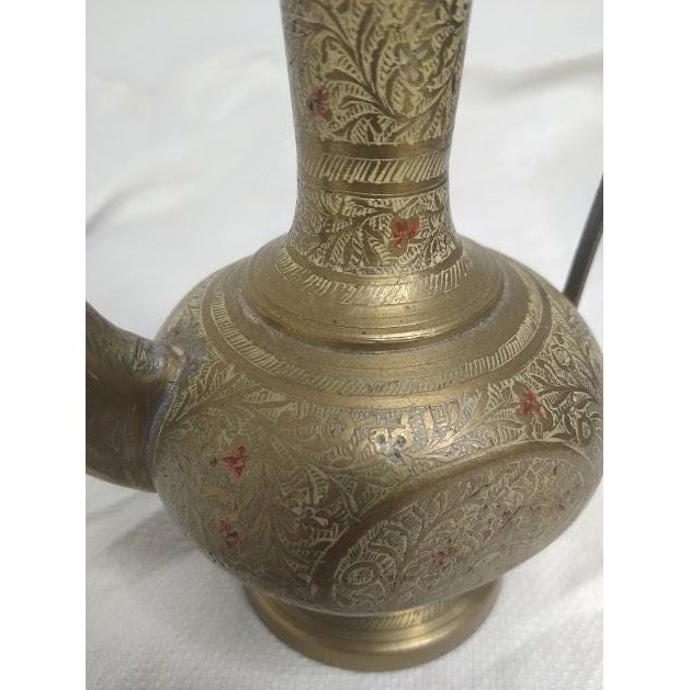 Indian Brass Ewer, Etched Aftaba Pitcher