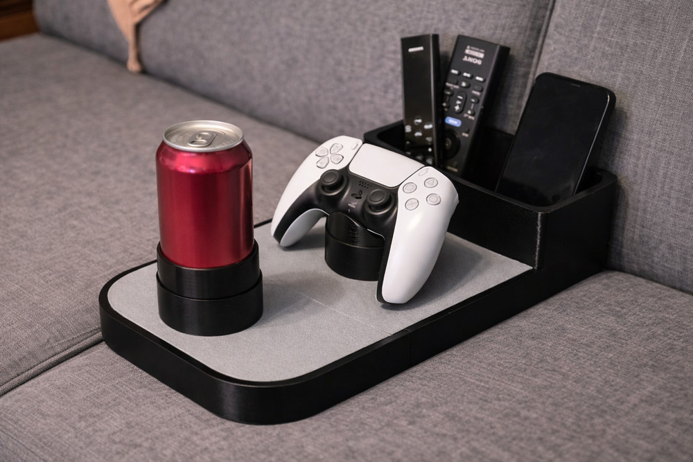 Couch Holder – Remote & Controller Stand with Dual Cup Holders (Black & Gray)