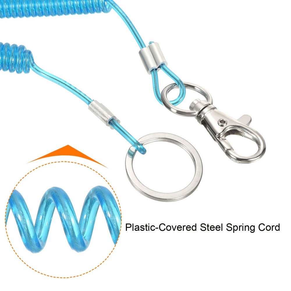 6" Plastic Retractable Coil Spring Keychain Strap Ring Lobster Clasp, Blue
