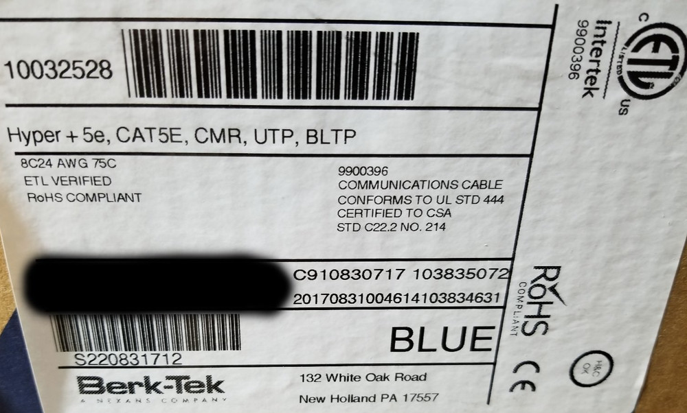Berk-Tek 24/4P HyperPlus Cat5E Riser U/UTP Network Cable Blue /100ft