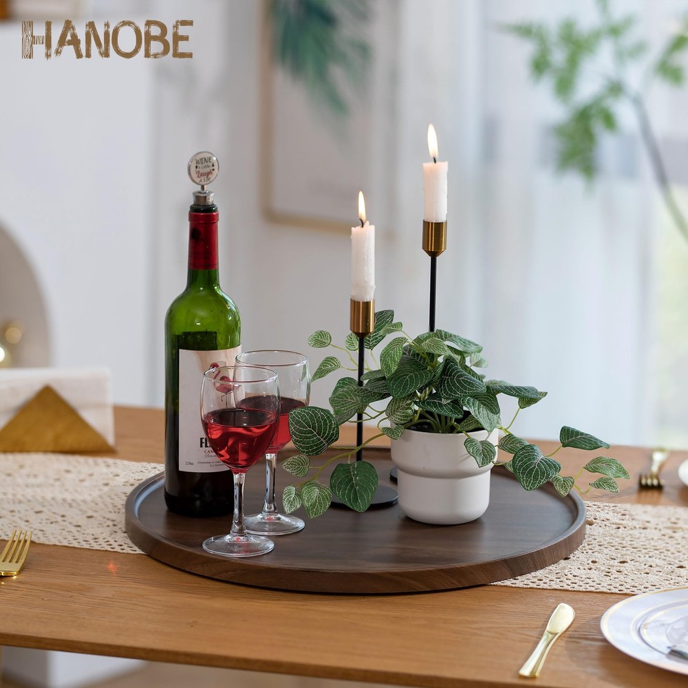 Hanobe 18" Round Wood Ottoman Serving Tray - Walnut Pattern Decorative