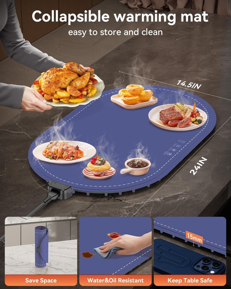 Food Warming Mat for Table & Buffet, Fast Heating Serving Tray with Adjustabl...