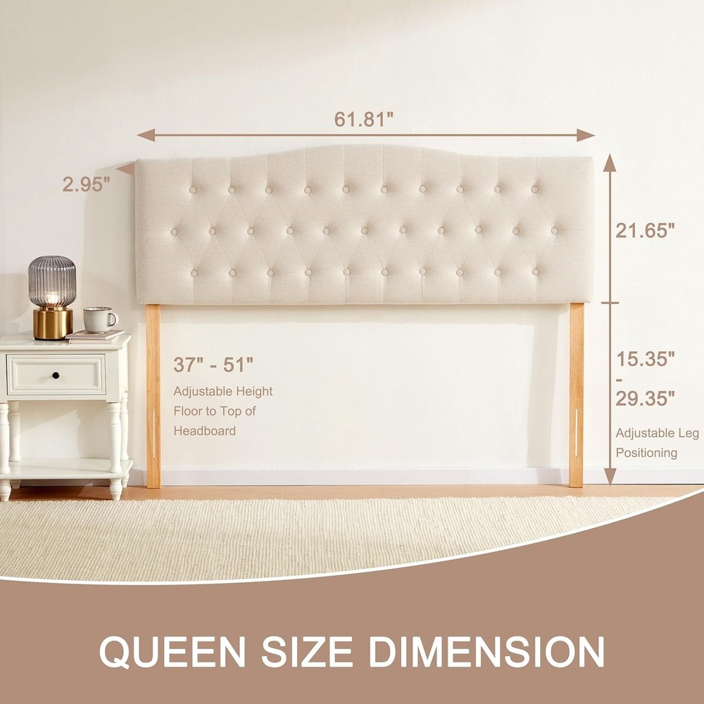 Queen Headboard Tufted Upholstered Bed Frame Linen Adjustable Height Modern D...