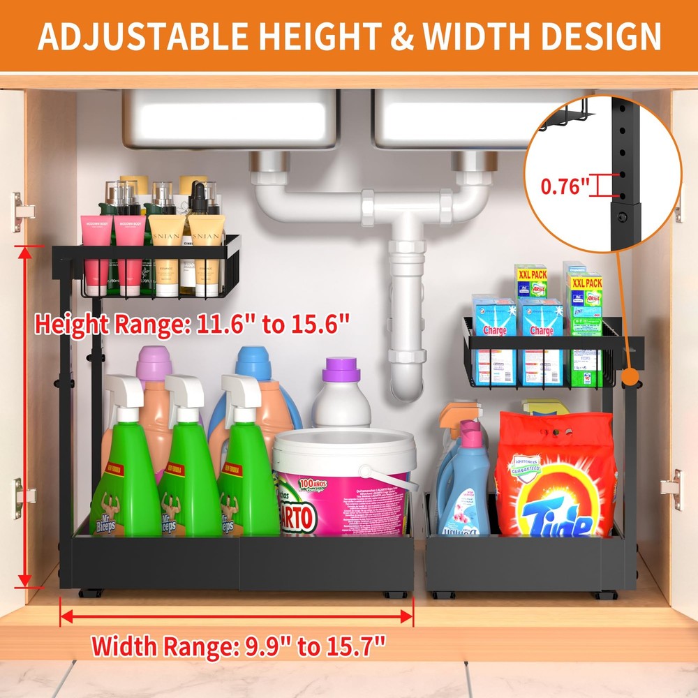 2-Pack Expandable Under Sink Organizers and Storage, 2-Tier Adjustable Pull-O...