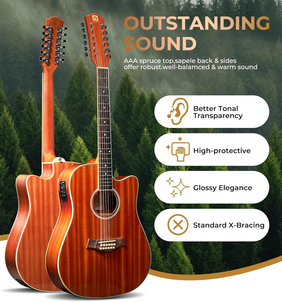 12 String Guitar Acoustic Electric, Upgraded Guitar 12 Strings Bundle for Beginn