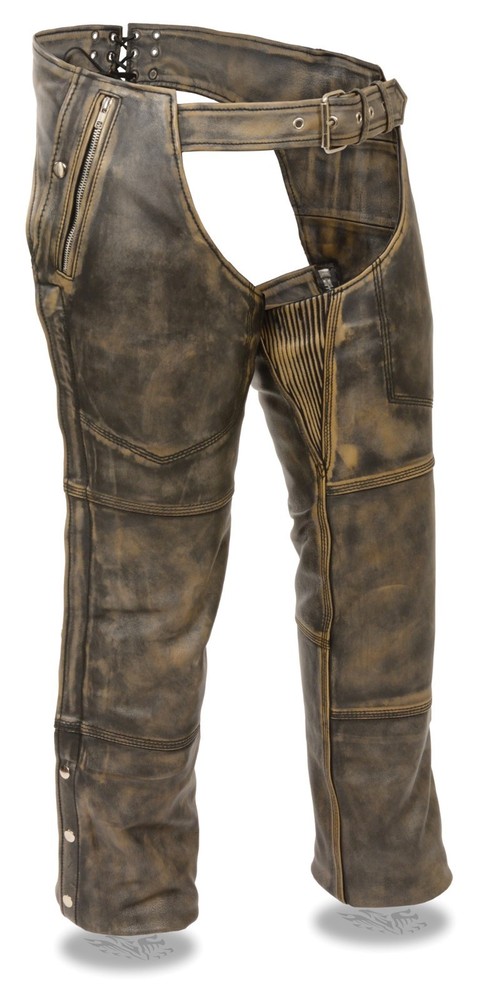 MOTORCYCLE RIDERS PANT DISTRESSED BROWN FOUR POCKET THERMAL LINED LEATHER CHAP