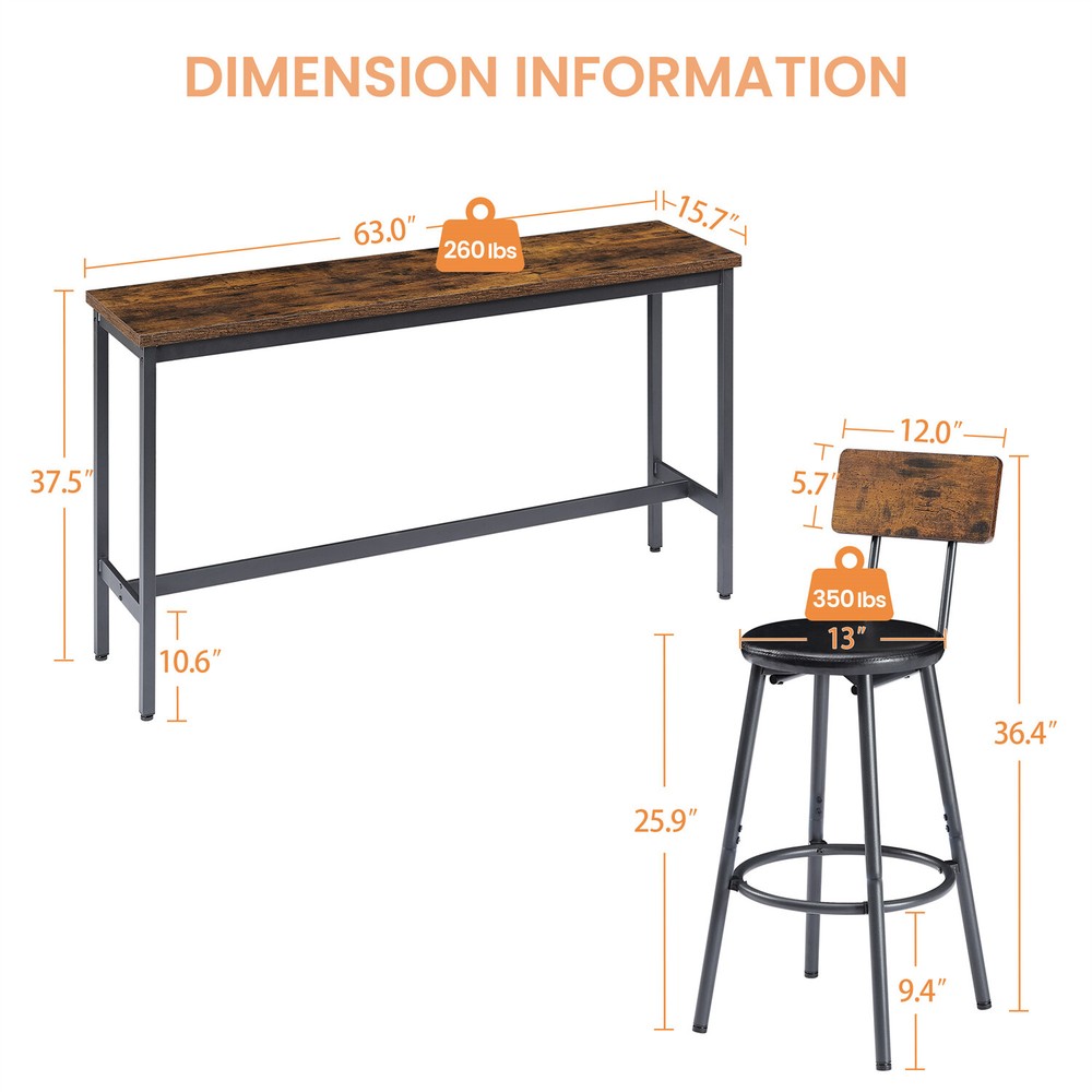 4 Piece Bar Table Set Counter Height Kitchen Pub Table w/ 3 Bar Stools Brown