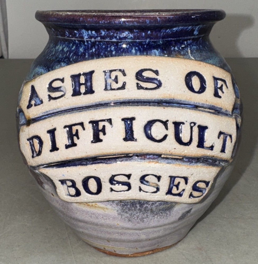"Ashes of Difficult Bosses" Pottery Jar Stoneware Gift Blue Pot