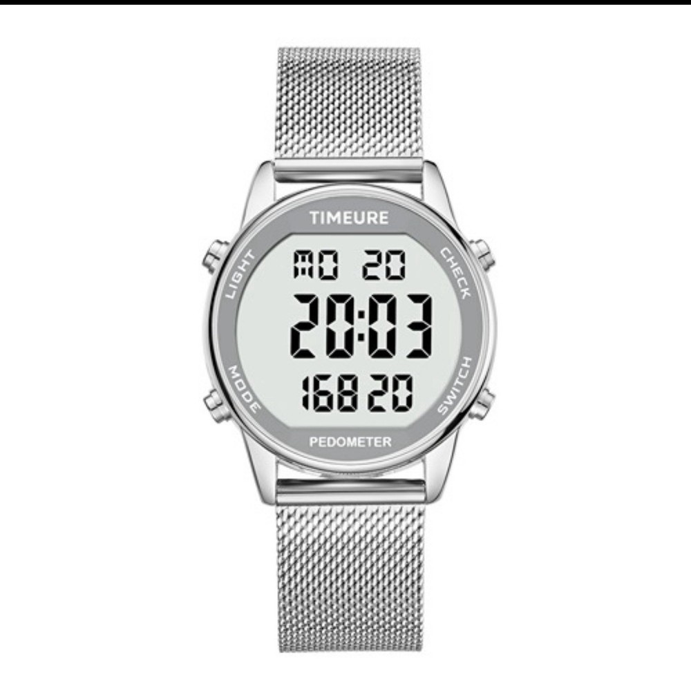 TIMEURE Silver Digital Pedometer Watch with Light and Step Counter