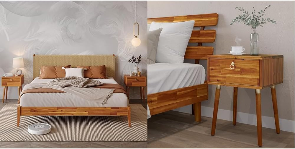 Selina King Bed Frame & Caden Solid Wood Nightstand, Caramel Finish