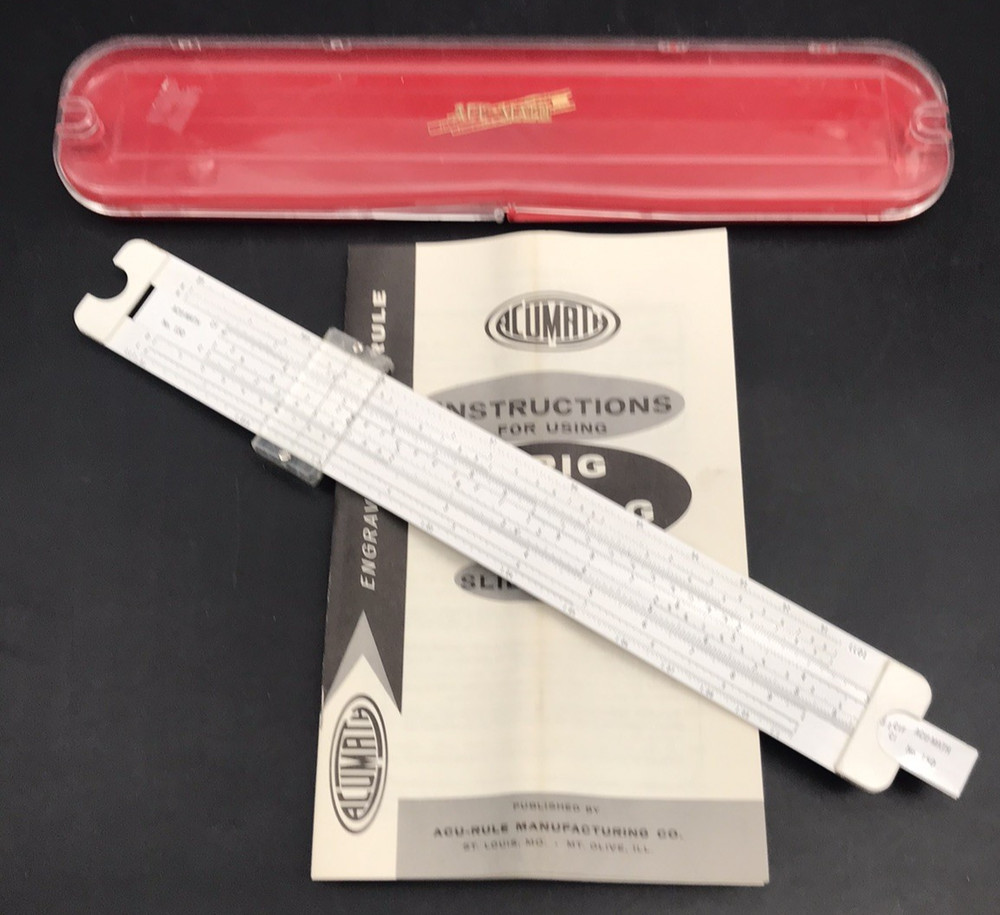 Acu-Math #150 Engraved Slide Rule w/ Hard Case & Instructions