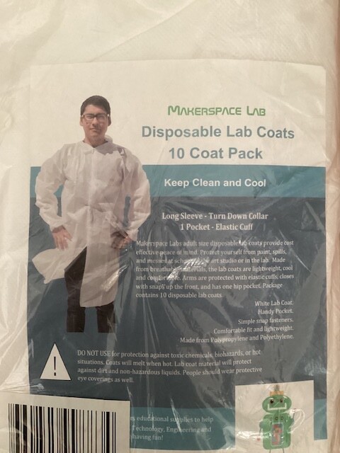 Makerspace Lab Disposable Lab Coats, White, Adult Large, 10 Pack, Long Sleeve