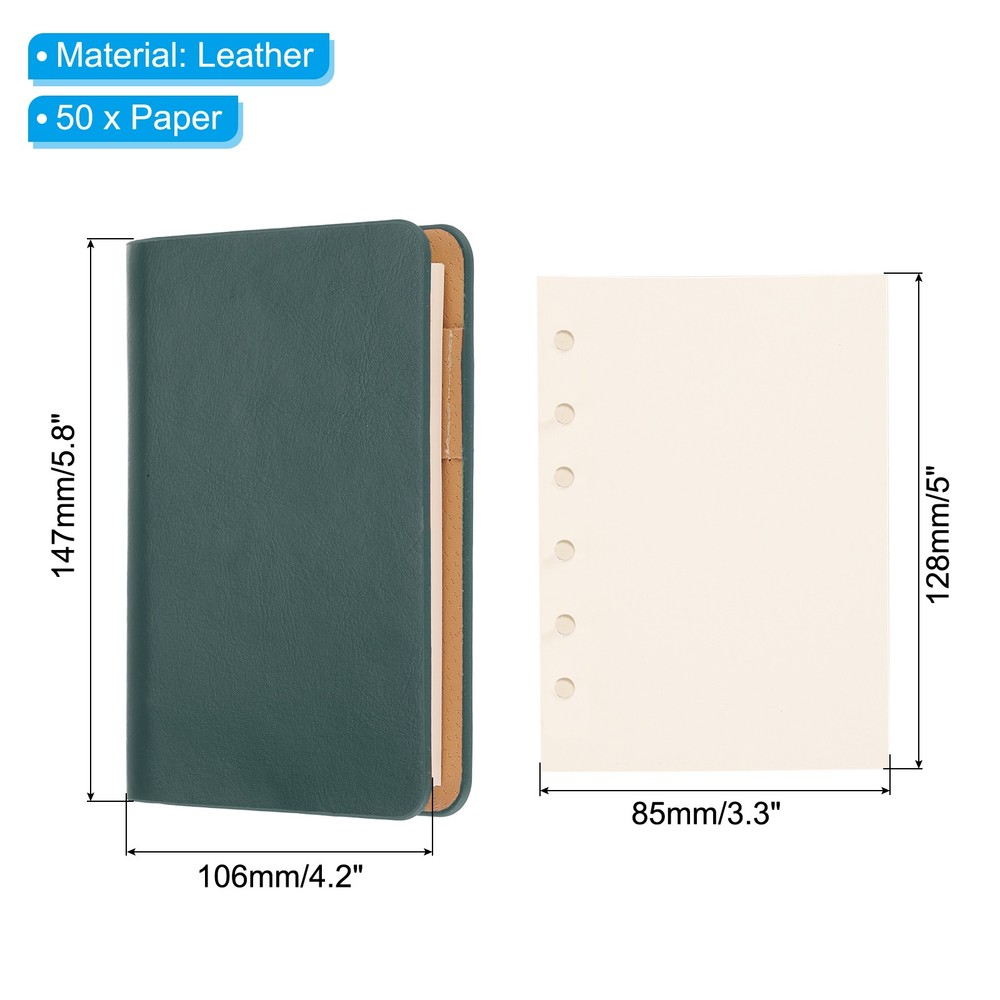 6 Ring Binder Cover A7 Leather Notebook Binder with 50 Sheets Paper, Green