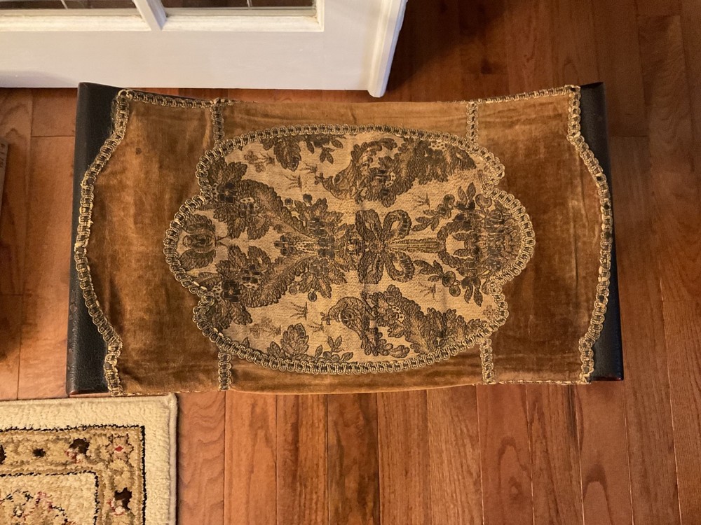 Antique Victorian Solid Wood Bench Stool with Spindle Center Support & Tapestry