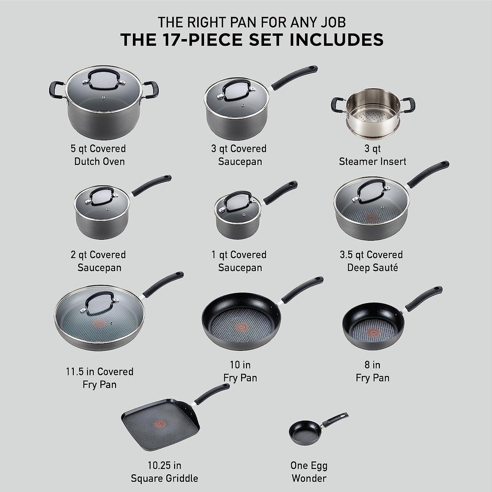 T-fal Ultimate Hard Anodized Nonstick 17 Piece Cookware Set, Black