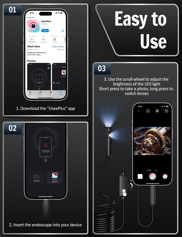 Upgraded Dual Lens Endoscope Camera Borescope with 8 LED Lights for iOS/Android