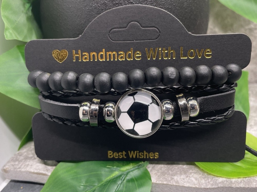 2 PC Soccer Wood Bead PU Leather Bracelet Stackable Adjustable Tie New B3625