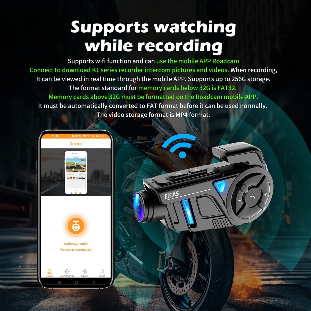 Auto Reconnect Motorcycle Bluetooth Intercom Headset Camera Recorder Waterproof