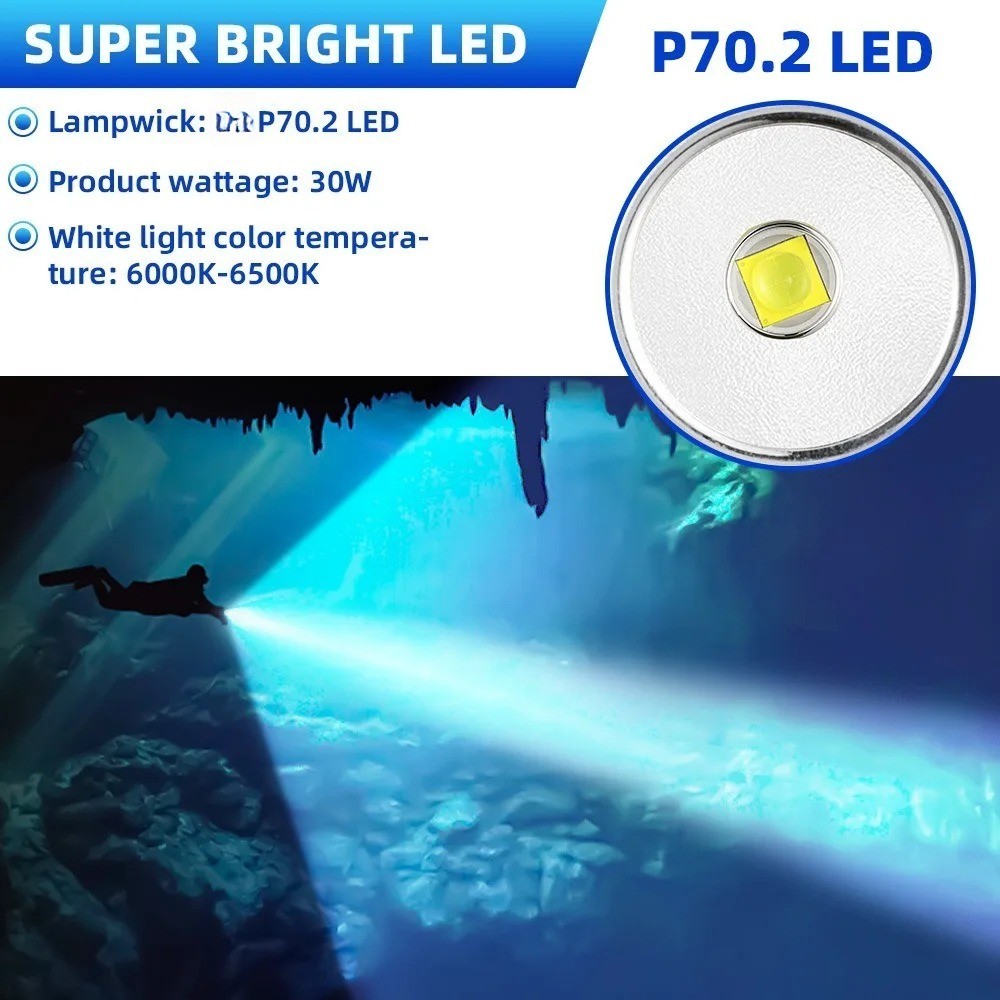 80M Underwater LED Diving Flashlight IPX8 Waterproof Scuba Dive Torch Light