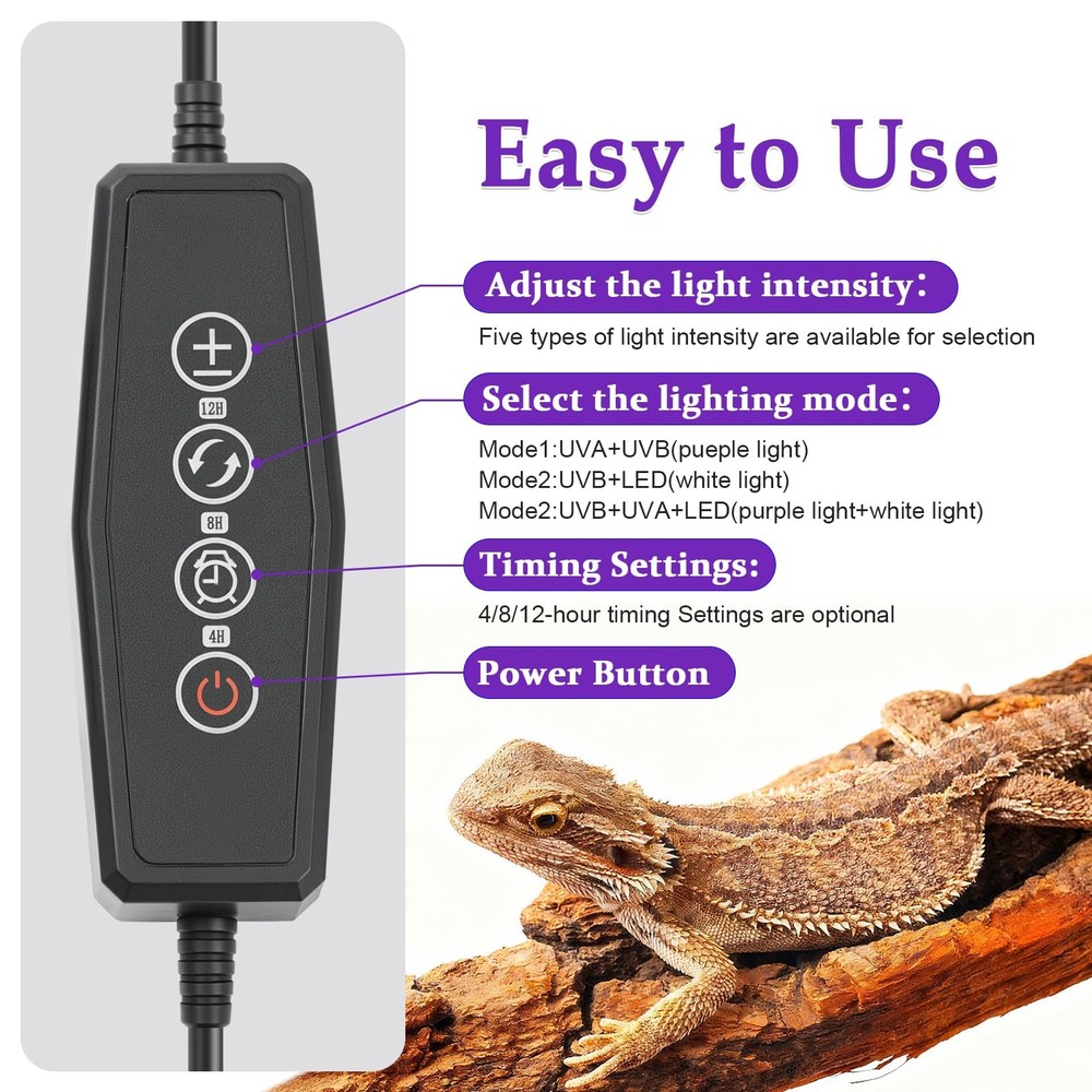 Dimmable UVB Light for Reptiles, 3 Modes Lighting, Adjustable 4, 8, 12 Hour C...