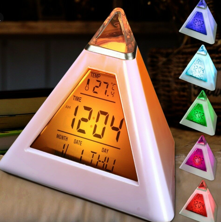 Alarm Clock Pyramid 7 LED Color Changing Timer Night Light Temperature Date