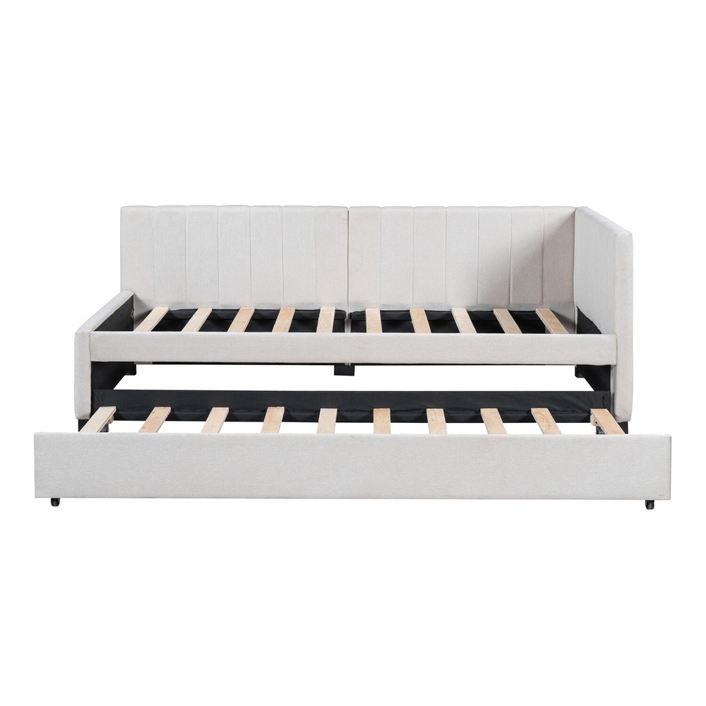 Twin Size Daybed w/ Pull-Out Trundle Linen Upholstered Bed Frame Sofa Bed US