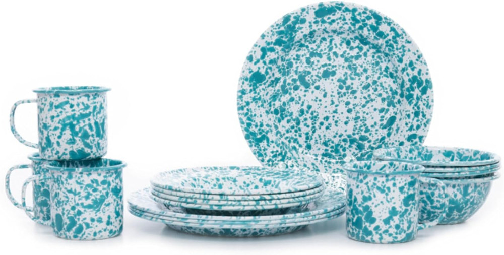 Turquoise/White Splatter Enamelware Starter Set - 16 Pieces