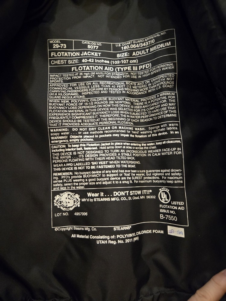SLIPPERY WHEN WET -- Floatation Jacket Float Jacket Medium (40-42) 5077 Boating