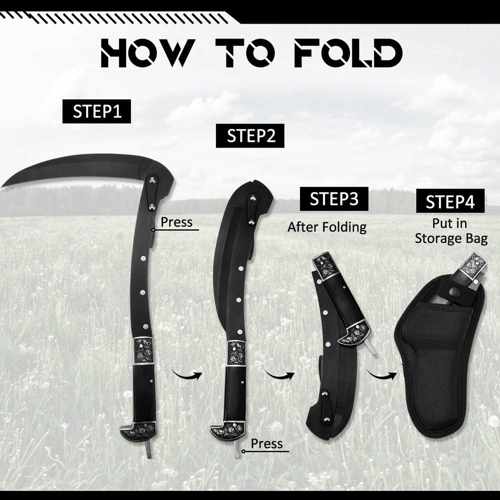 Black Sharp Folding Sickle Garden Tool Portable Safety Grass Hand Sickle with...