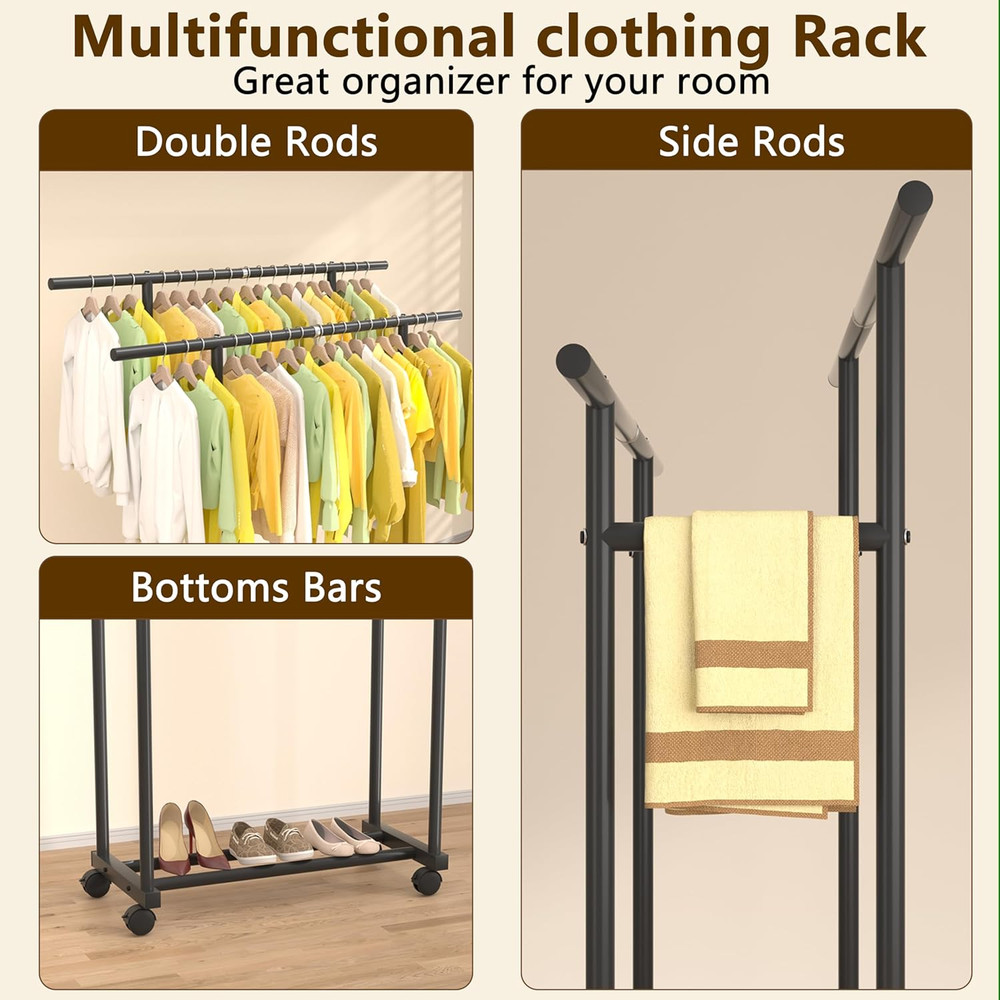 Heavy-Duty Double Rod Rolling Clothes Rack - Versatile Portable Wardrobe