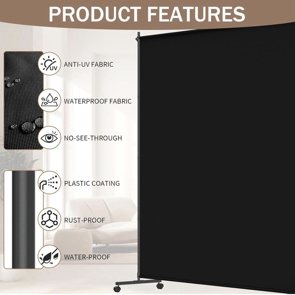 Single panel Black Room Divider With Wheels
