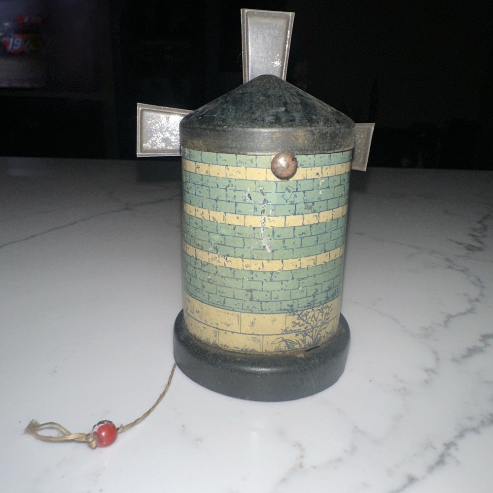 Antique tin windmill Blue And Cream pull toy Rare HTF