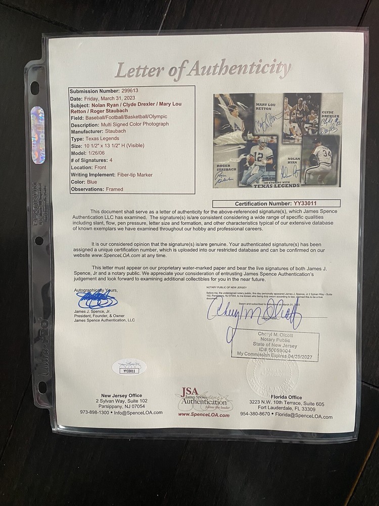 Nolan Ryan / clyde drexler/ mary lou retton/ roger staubach Signed with JSA auth