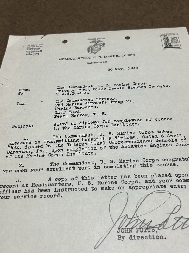 USMC WWII ERA MILITARY DOCUMENT, 20 MAY 1942