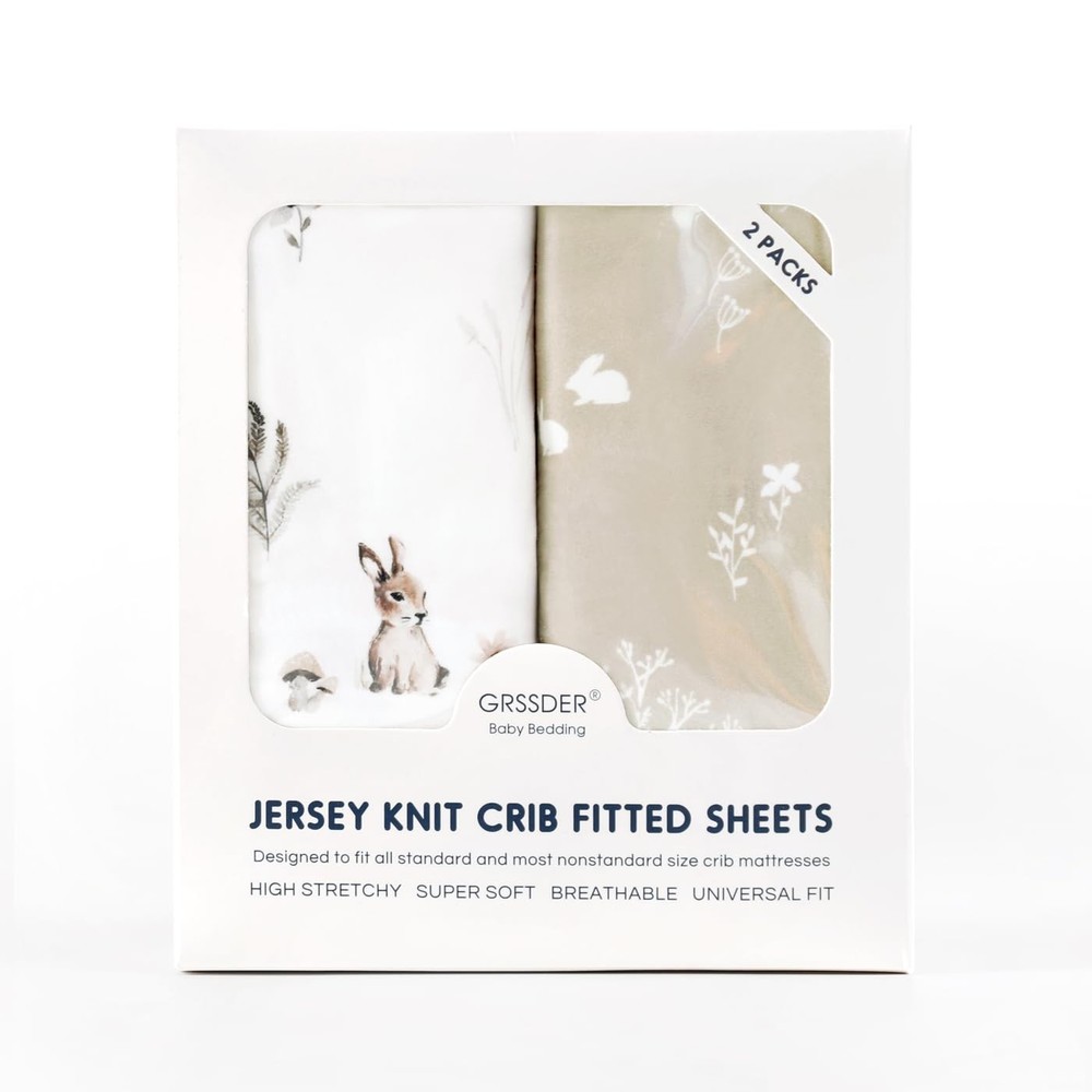 2 Pack Jersey Knit Fitted Crib Sheets, Stylish Watercolor Rabbit Pattern, Soft