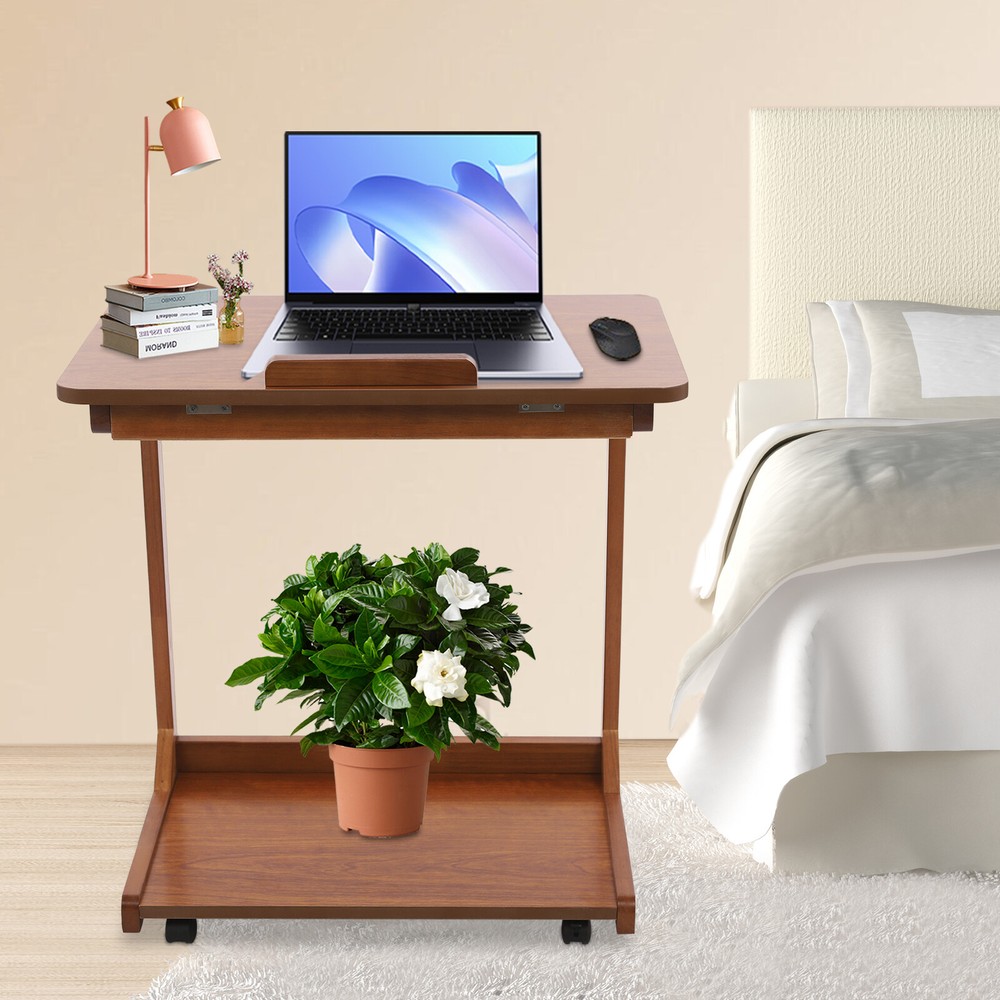 2-tier Walnut-Colored Adjustable Angle C-Shaped End Table With 4-Wheels 55.12lbs