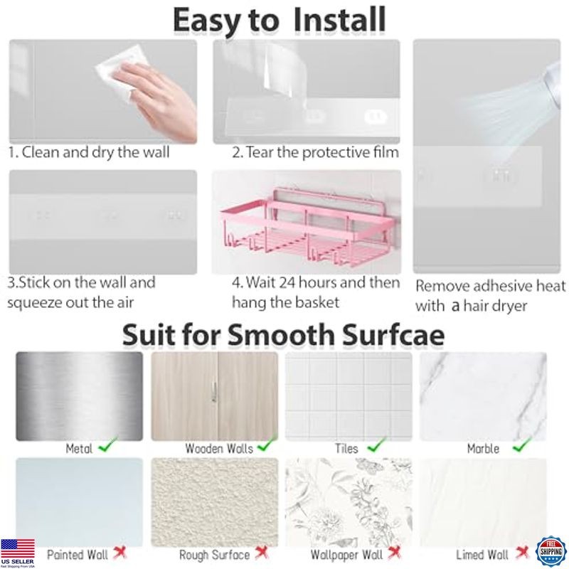 5 Pack Shower Caddy Organizer Rack, Rustproof Stainless Steel, Pink Storage