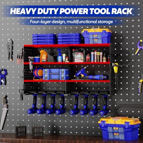 Large Power Tool Organizer Wall Mount, 4 Layer Storage Rack with 8 Drill